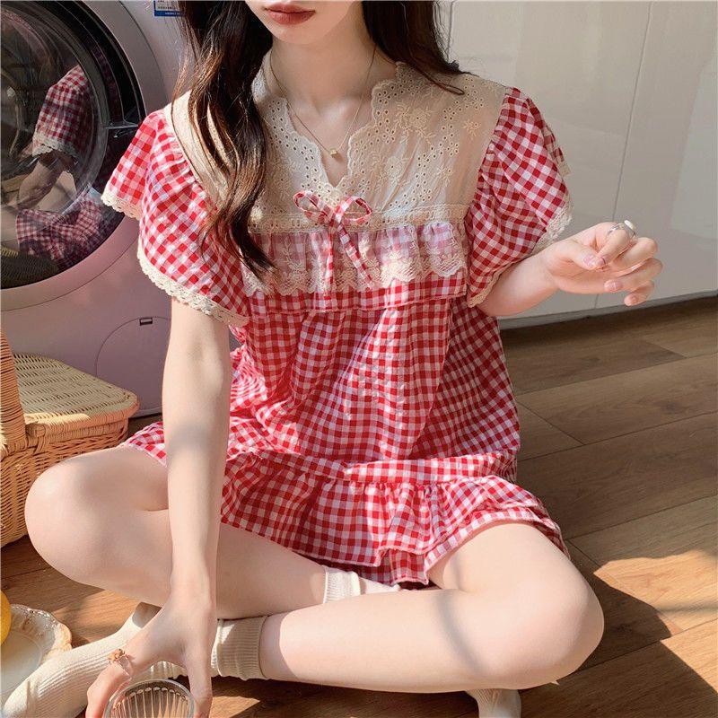 Pijama Đồ Ngủ Nữ Mùa Hè Nhà PINK Đồ Ngủ Cộc Tay Caro Cute Bộ Mặc Nhà Đùi Dễ Thương Bigsize
