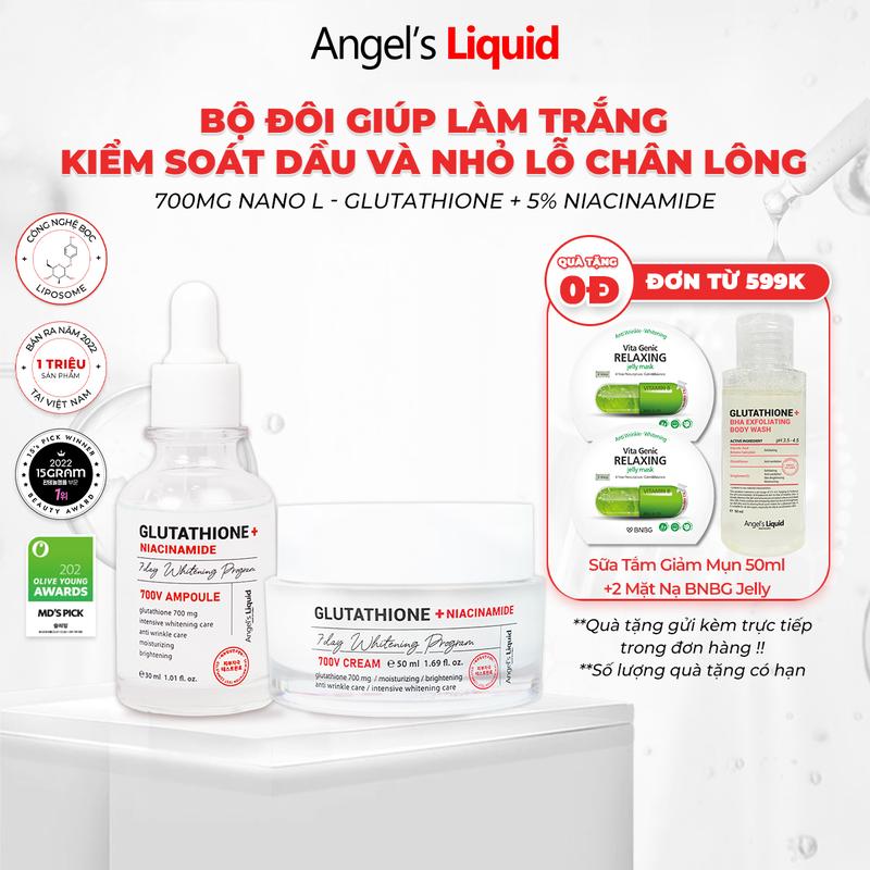 Bộ Sản Phẩm Serum, Kem Dưỡng Giúp Trắng Da, Cải Thiện Lỗ Chân Lông Angel's Liquid Glutathione +NIACINAMIDE