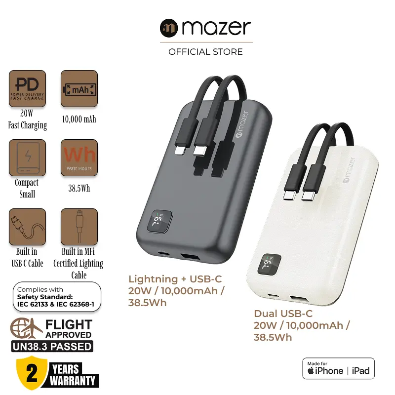 Mazer Power Bank 10000mAh 20W Portable Charger with USB C Cable and Lighting Cable with 2 Port, 1 USB C, 1 USB A, Fast Charging for iPhones, iPads, Samsung Smartphones and Other Android Devices