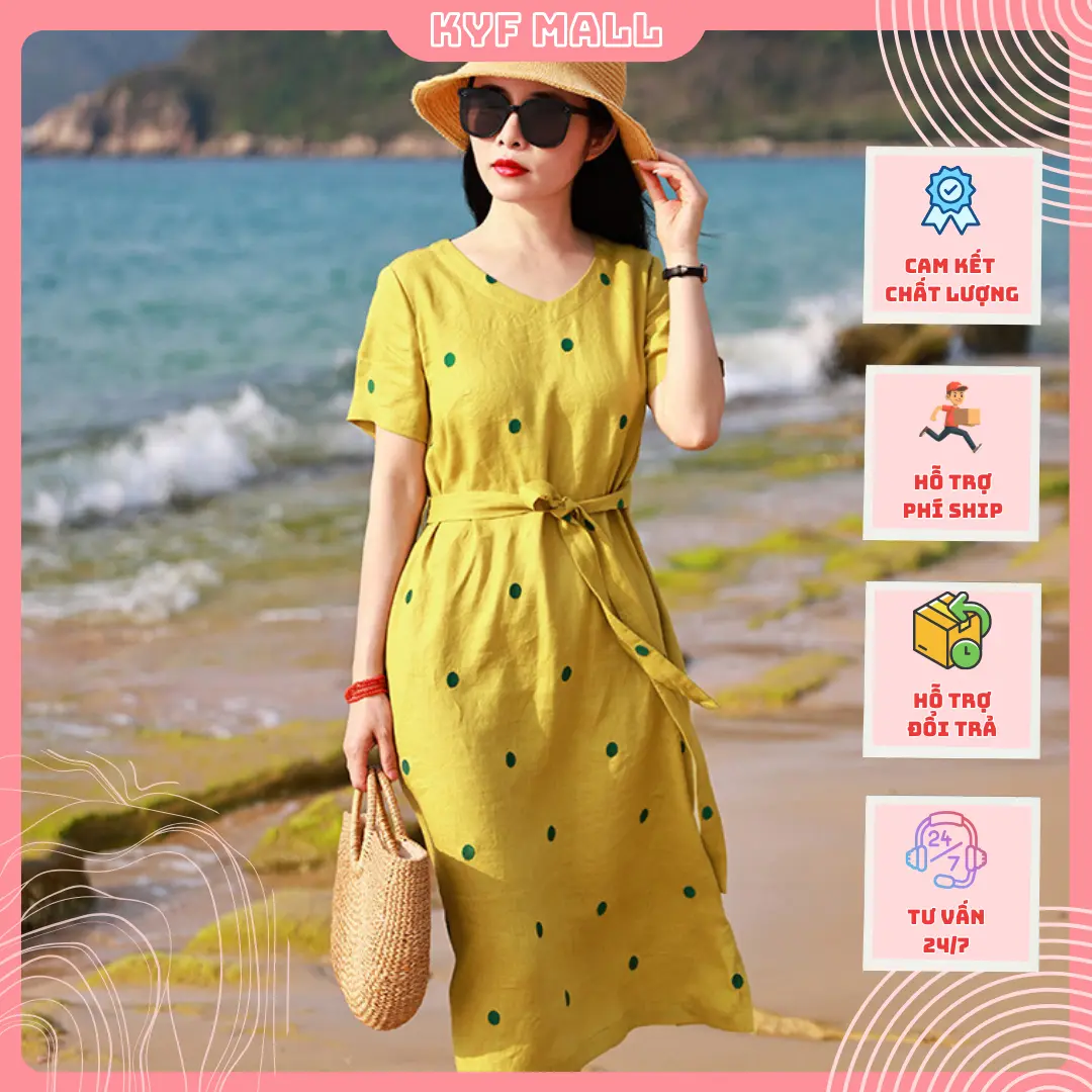 Đầm chấm bi dài có thắt lưng | Đầm trung niên tôn dáng, che bụng, mặc đi chùa, đi tiệc, du lịch, đi biển vayom body tondang