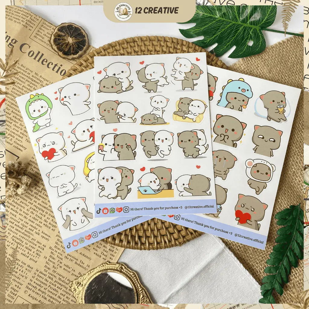[12 Creative] Sticker Peach & Goma Cat / Aesthetic Cute Sticker / Deco Sticker / Sticker Scrapbook