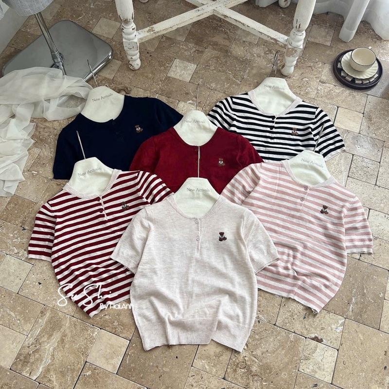 Áo len nữ cộc tay KẺ THÊU GẤU Hàng QC chất len mongtoghi mềm mát