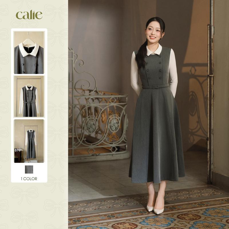   HNLV  Đầm ghi phối tay và cổ len be chất liệu cao cấp dễ mặc thiết kế thời trang bởi Calie VX321 