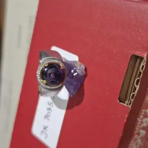 Cincin Permata Amethyst Bungur Ungu Natural Ring Stainless Steel potongan Oval Cabochon