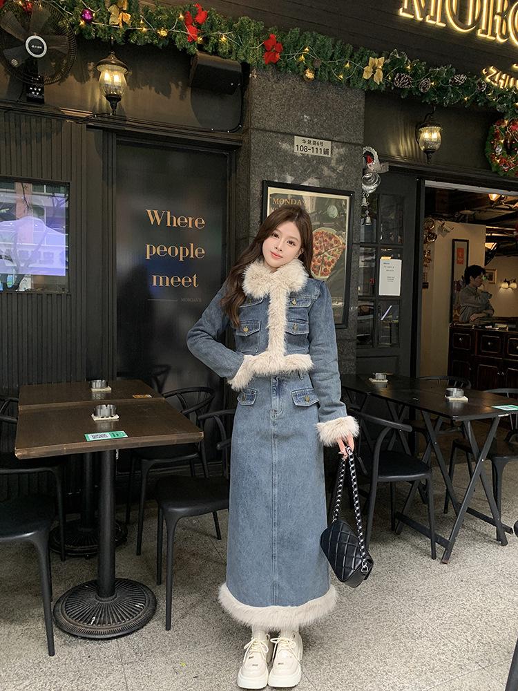 Product Introduction of Fujia Qianjin-Áo Khoác Denim Chần Bông Dày Lót Lông Cừu Cho Nữ, Váy Cạp Cao, Trang Phục Thời Trang Mới Mùa Đông 2023 36