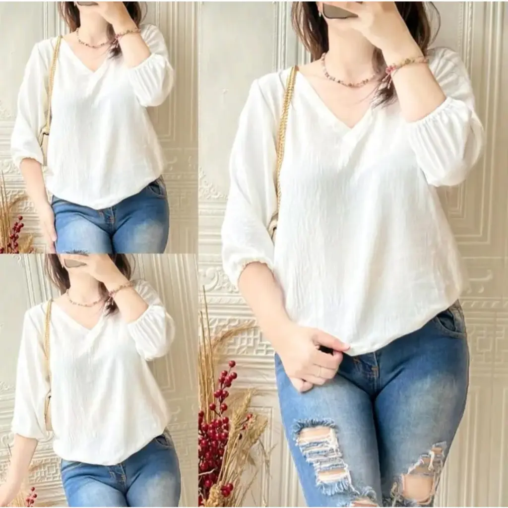 ATASAN WANITA BLOUSE V-NECK MURAH / BLOUSE WANITA KEKINIAN / BAJU ATASAN WANITA TERLARIS/ ATASAN KEMEJA
