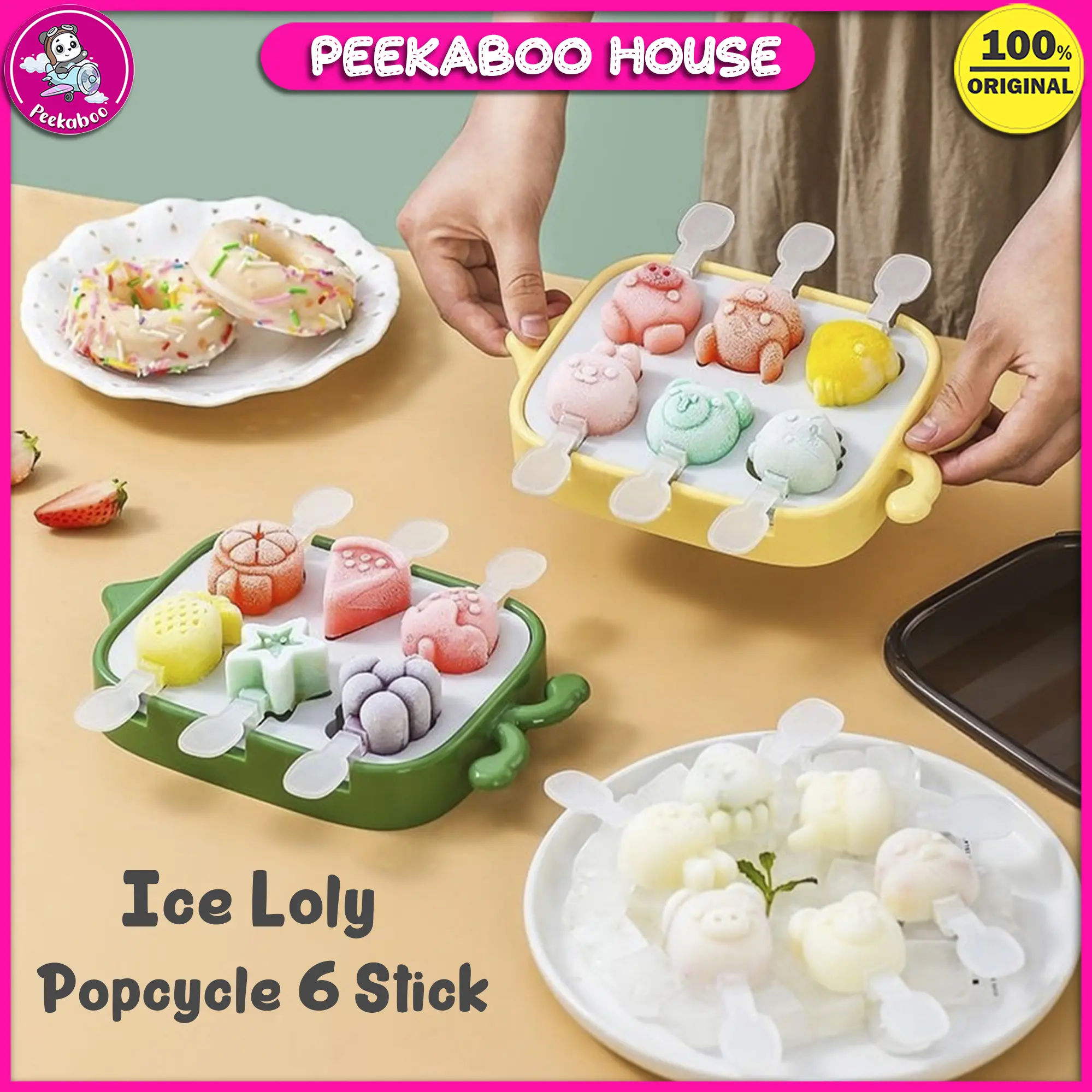 Cetakan Es Krim 6 Stik Karakter Cetakan Ice Cream Silicon Popsicle Lolly Agar Puding Jelly Buah Silicone Peekaboo