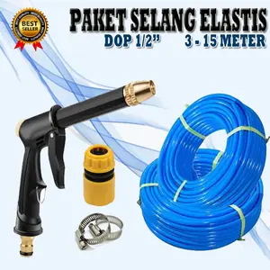 NIMUNA STAR Selang Air Fleksibel Dop 1/2" Anti Takuk 3-15 Meter Nozzle Hitam Konektor Klem Pengikat untuk Cuci Motor Mobil dan Siram Tanaman