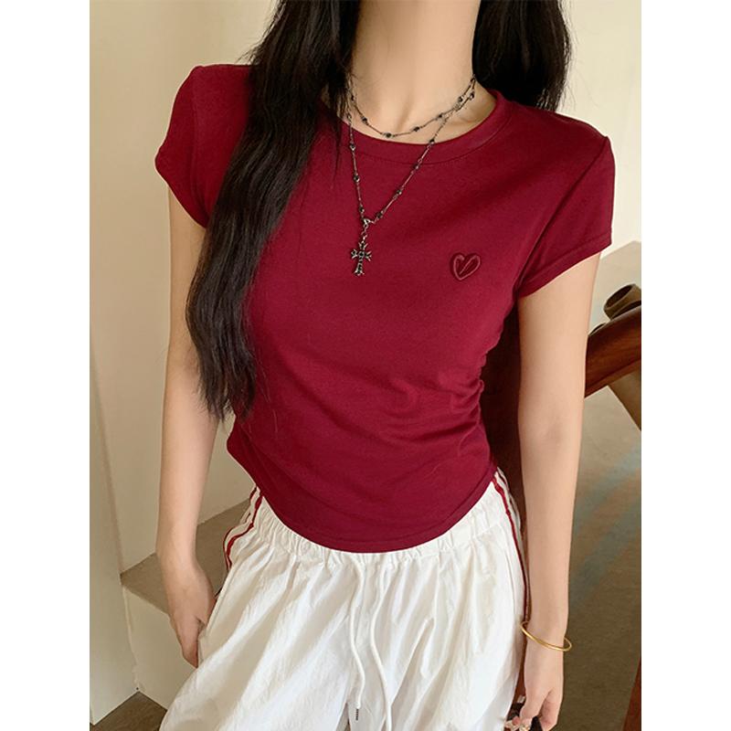 Kaus pendek leher bulat bordir cinta putih atasan seksi fashion wanita gaya Korea Baju Jersey 7