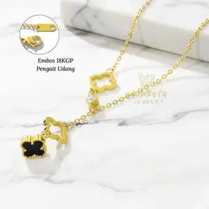 K145 Kalung TITANIUM Wanita Rantai Pecah Kopi Liontin Bunga hitam Lapis Emas 18 KGP