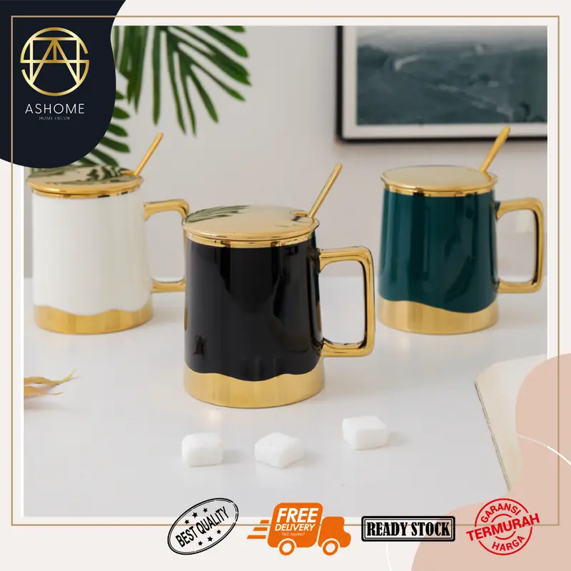 ASHOME Gelas Minum Set Keramik List Gold Dengan Tutup Gelas Emas & Sendok Gold / Ceramic Mug Set With Cup Lid Gold Elegant / Gelas Keramik Mewah / Gelas Minum Keramik / Gelas Gold / Gelas Set Keramik Mewah Elegan 2