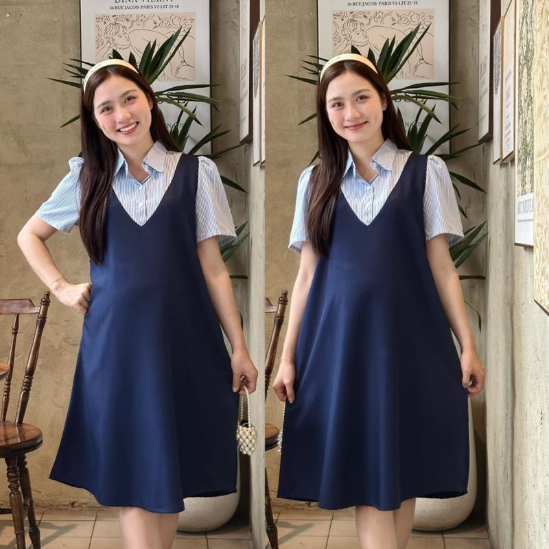 Đầm bầu công sở yếm liền cổ sơ mi sọc form suông thanh lịch trẻ trung .