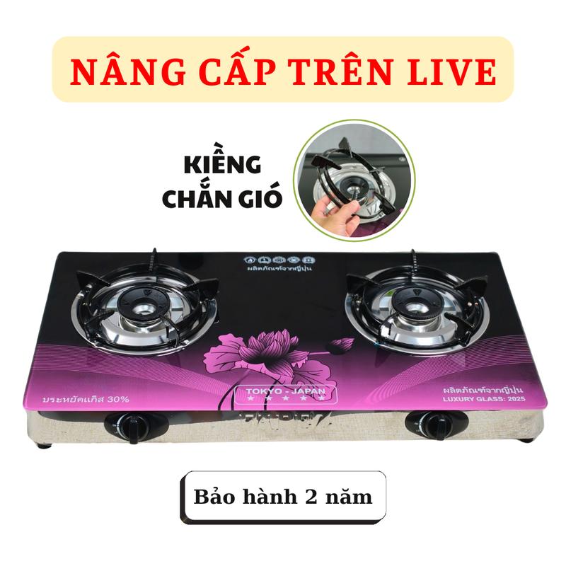 Bếp gas đôi FAPEZ Kính Tím Mẫu  Mới, kiềng chắn gió 5 ly, khung INOX- Bảo hành 2 năm