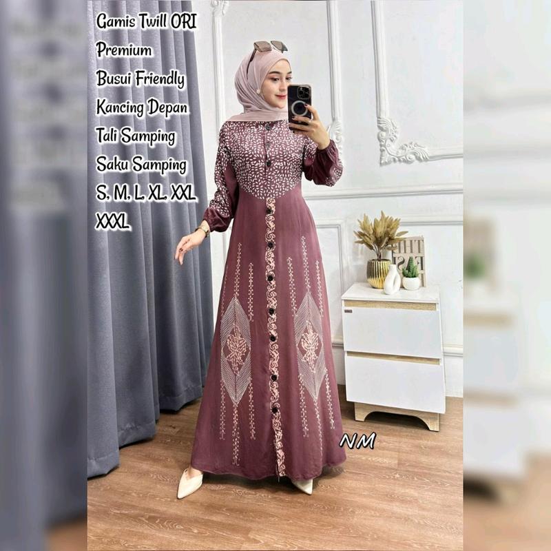 Gamis Twill Ori Muslim Premium Pekalongan Lengan Panjang Model Kancing Depan Busui Friendly Dress Batik Wanita Dewasa Modern Murah Tali Samping 3