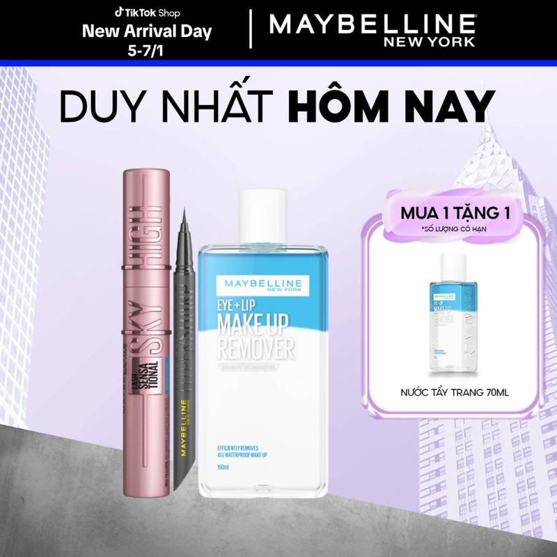 Bộ Trang Điểm Mắt Mascara Sky High Tơi Dài Mi Waterproof và Bút Kẻ Mắt Nước Siêu Sắc Mảnh 36H Lâu Trôi HyperSharp Đen kèm Nước Tẩy Trang Mắt và Môi Chuyên Dụng 150ml Maybelline New York