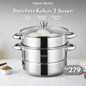 freemir Stainless Panci Kukus 2 Susun + Tutup Kaca Steamer Perebus Stainless Stee Kukus Dua Susun Dimsum Somay Pepes Rebusan Tutup Panci Transparan Kitchenware Multifungsi