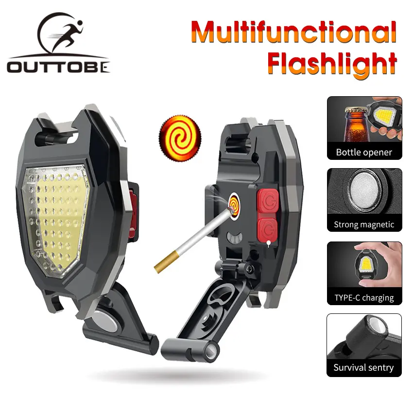 Outtobe Keychain Light Mini LED Flashlight Portable Multi-function COB Floodlight Outdoor USB Rechargeable Keychain Light 6 Mode Strong Magnet Work Light Repair Work Outdoor Camping Light