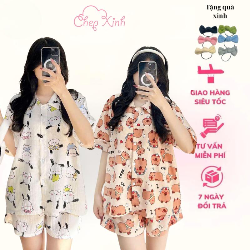 Pijama xốp áo cộc quần đùi cổ bẻ họa tiết cute mặc nhà, set đồ mặc nhà cho nữ siêu xinh cute hottren