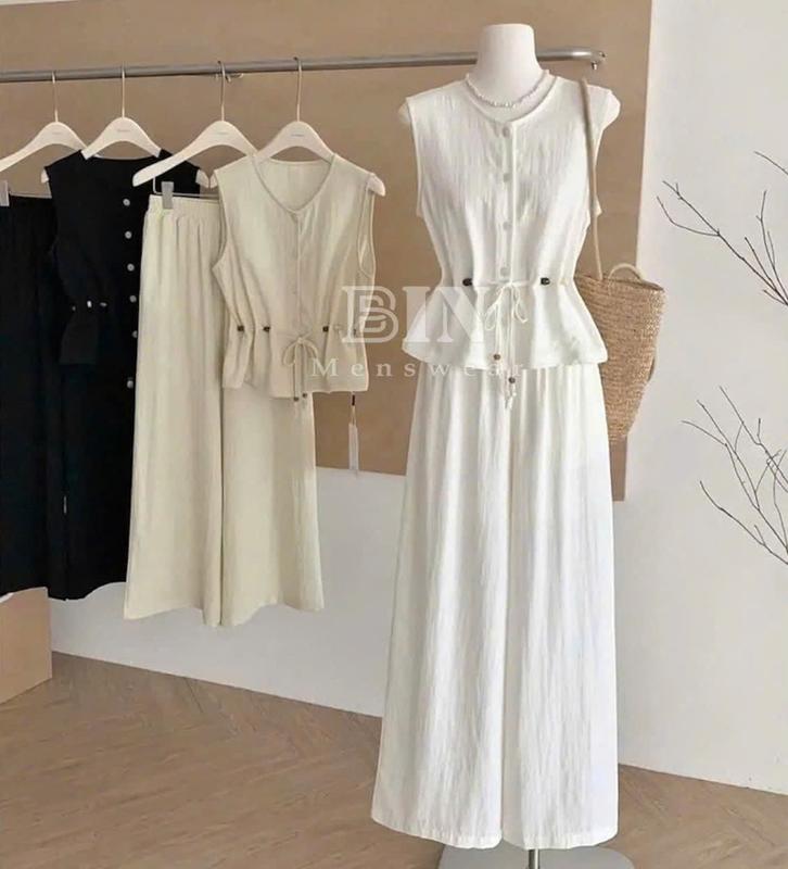 SET Bộ Đồ Nữ Sang Trọng Quý Phái, Hàng Thiết Kế, Phong Cách Hàn Quốc Áo Sát Nách Quần Ống Xuông Thời Trang Mùa Hè Đồ Dự Tiệc Đi Chơi Du Lịch