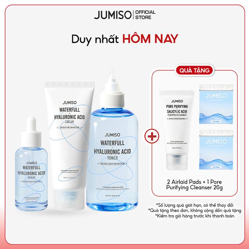  Bộ ba sản phẩm dưỡng ẩm chuyên sâu JUMISO Waterfull set  Nước cân bằng JUMISO Waterfull Hyaluronic + Tinh Chất JUMISO Waterfull Hyaluronic Acid + Kem Dưỡng Da JUMISO Hyaluronic Acid  