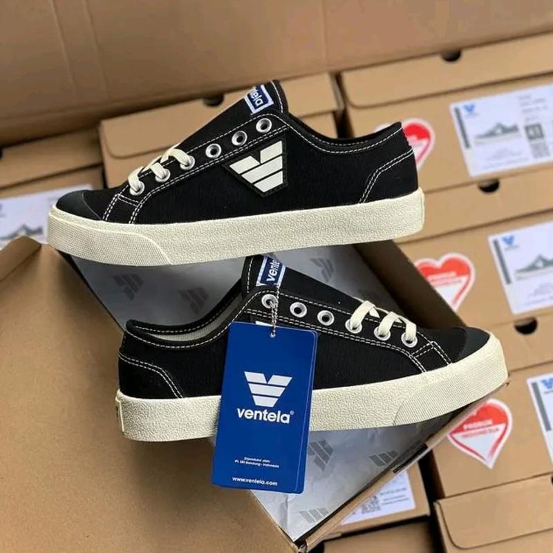 Sepatu Ventela Victory Low Black Natural Pria Wanita - Sepatu Sekolah Hitam Putih Kekinian Termurah Canvas Casual Shoes Sneakers 1