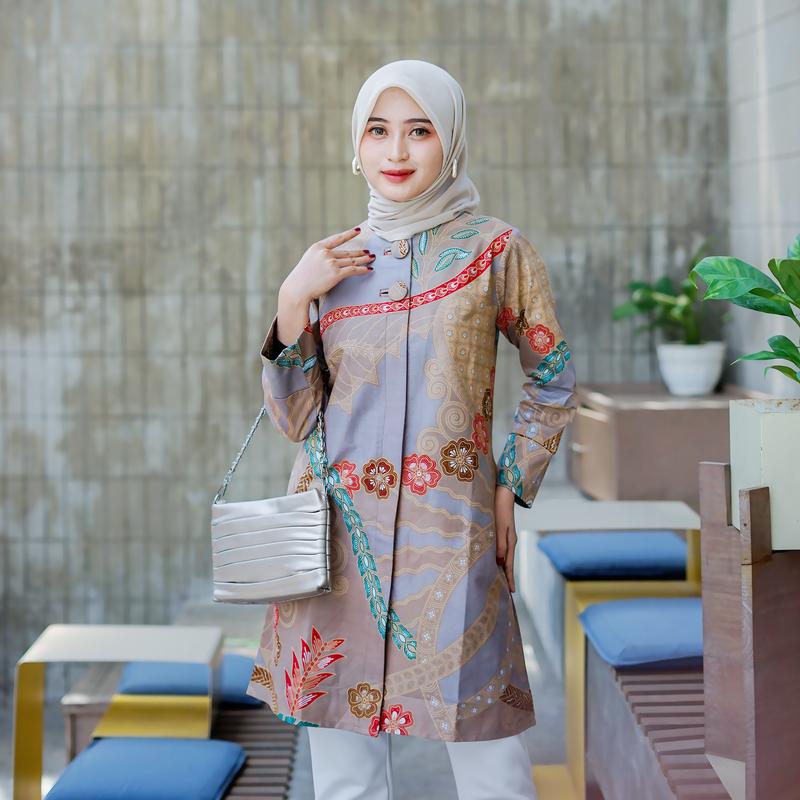 Product Introduction of Batik Trikot Tunik Batik Lapis Furing Model Lengan Panjang Kancing Aktif Motif Rinjani Warna Salem Atasan Batik Kerja Wanita Premium Bahan Katun BigSize/Jumbo 7