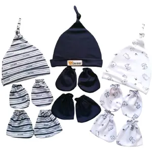 9in1 Set Topi & Sarung Tangan Bayi Newborn 0-6 Bulan PE Double Soft Cotton Motif Polos Garis & Awan Lengkap Nyaman & Tidak Melar