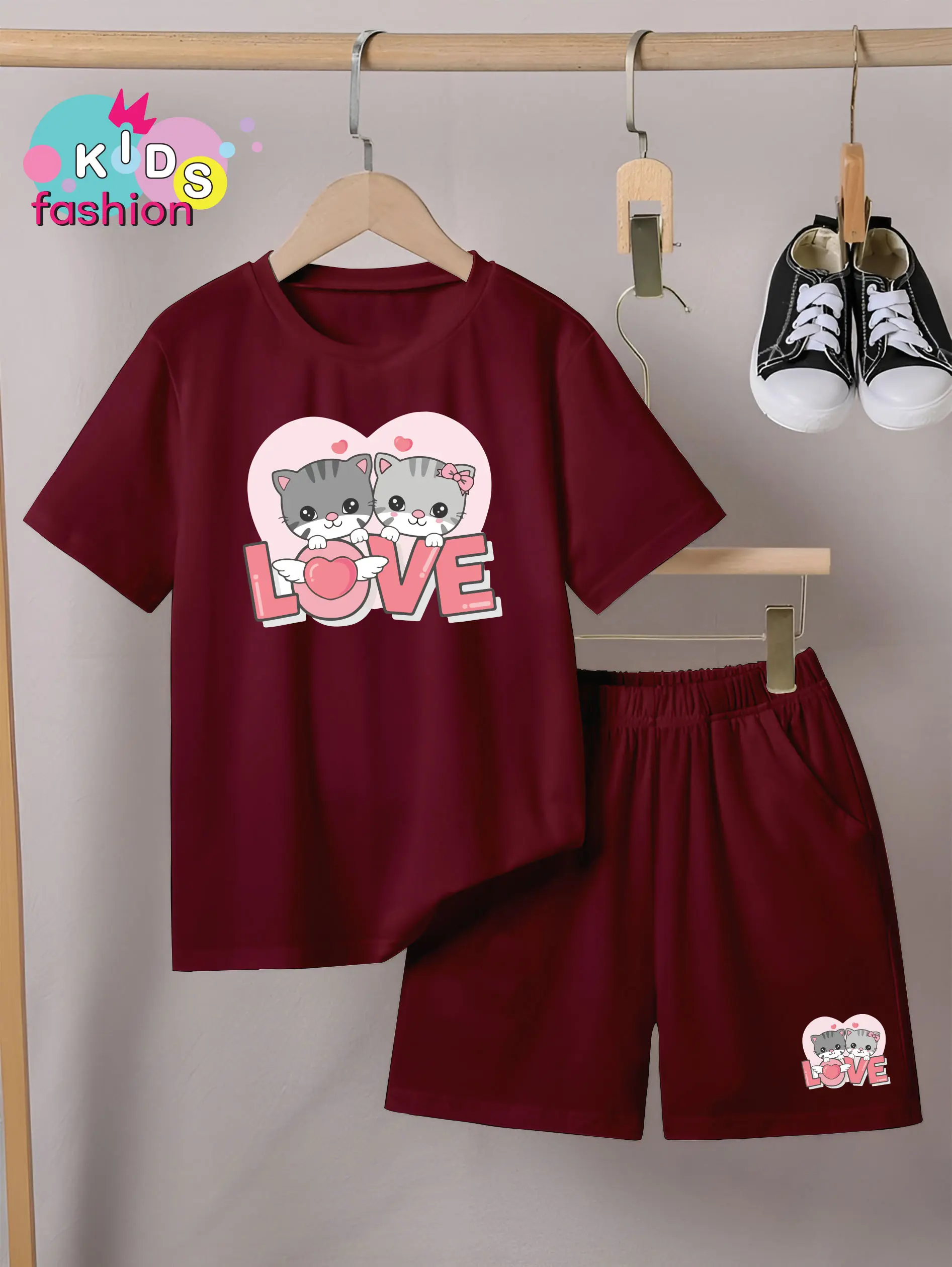 Setelan Anak Laki-laki / Perempuan dan Celana Pendek Ukuran 3-10thn Motif Love Duo Fashion