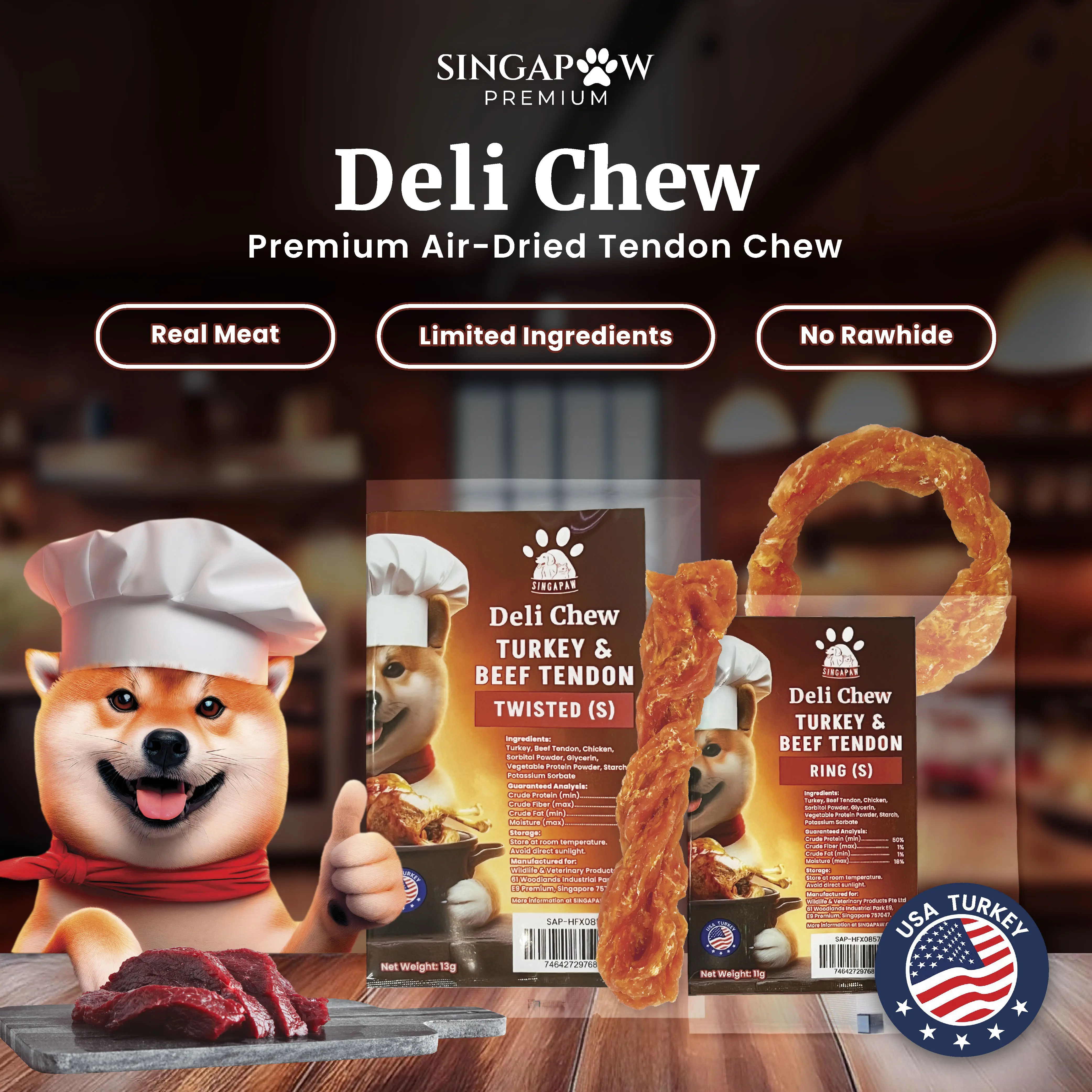 Singapaw Deli Chew Air Dried Turkey Beef Tendon Single S Size 13g Premium Protein Dog Treats