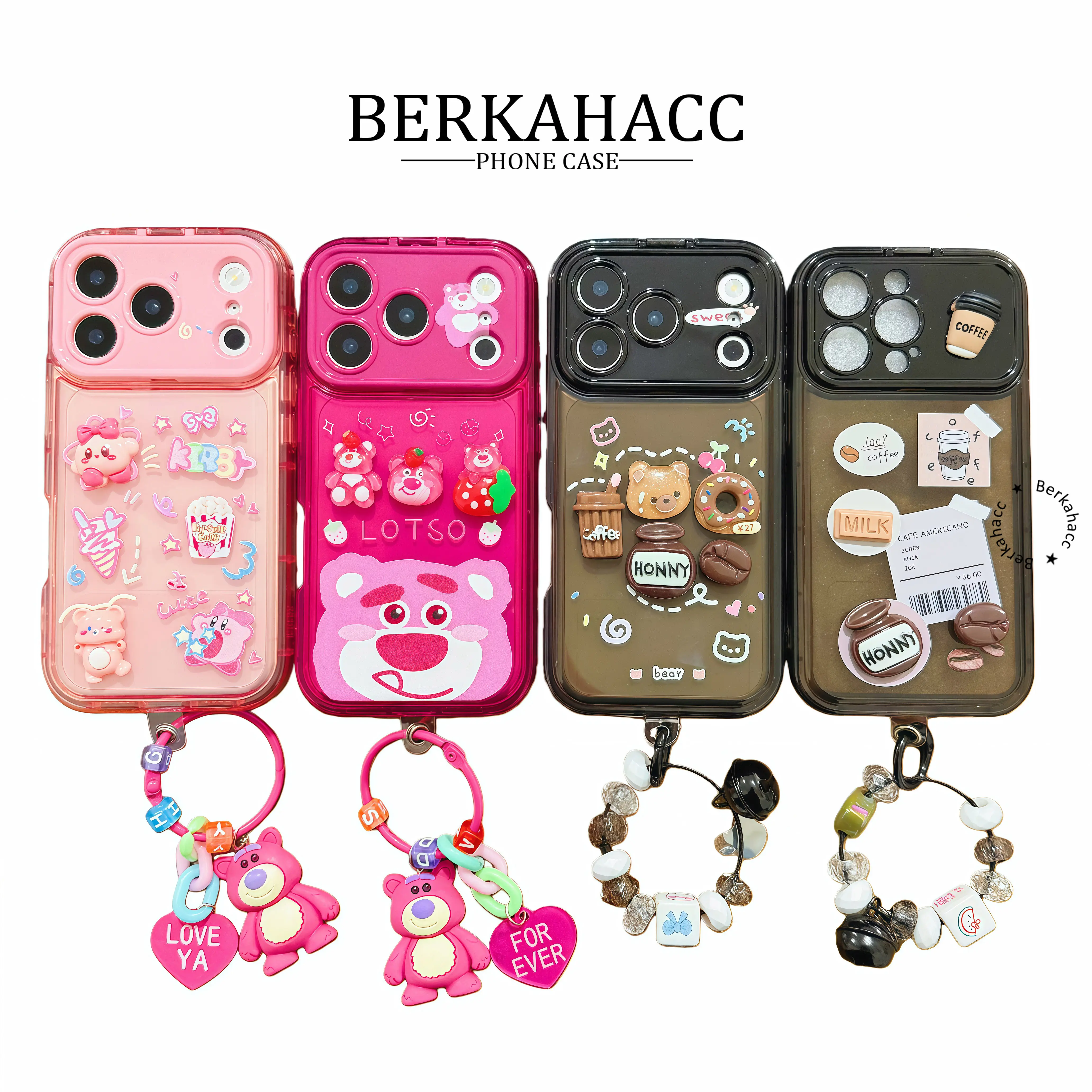 BERKAH Premium Case Bear - Cofe Pink Bear Oval Flip Mirror Shockproof Case With Cutie Charm Casing Softcase Compatible For Iphone 18 17 17air 16 16plus 15 14 13 12 11 X Xs Xr 8plus 7plus 8 7 Pro Plus Promax RCI192