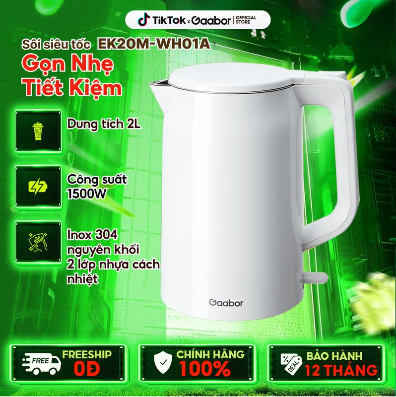 Bình đun nước siêu tốc ấm siêu tốc Gaabor EK20M-WH01A dung tích 2 lít công suất 1500W Inox 304 thép không rỉ vỏ nhựa chịu nhiệt cách nhiệt Đun Nước Ấm Siêu Tốc Đun Siêu Tốc nhựa đun sôi nhanh ấm điện tự sối ấm siêu tốc bền khách sạn