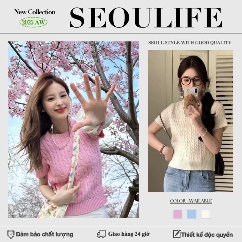  SEOULIFEI Áo len nữ kiểu Hàn Quốc cổ tròn tay ngắn màu hồng pha độc đáo và dáng ôm tôn dángMột chiếc áo độc đáo và đẹp mắt. 