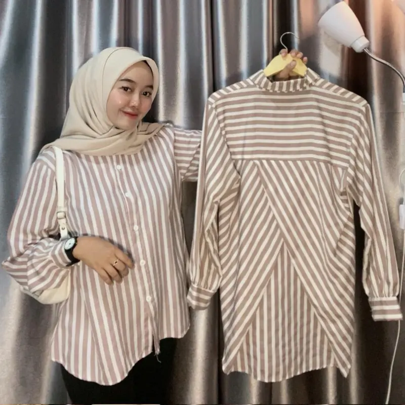 Kemeja Wanita Motif Silang Belakang Stripe Garis Salur Bahan Polly Rayon 2
