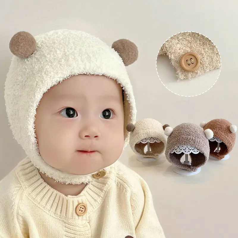 Mũ Bảo Vệ Tai Cho Trẻ Em, Chất Liệu Lông Cừu Cừu, Kiểu Pompom Dễ Thương, Bịt Tai Trẻ Em, Thích Hợp Cho Mùa Đông, Kẹp Tóc Mũ Đội Đầu Dây Buộc Ấm Áp Cho Em Bé Trai Và Bé Gái, Thích Hợp Cho Bé 3-24 Tháng Tuổi, Màu Trơn Mũ Len