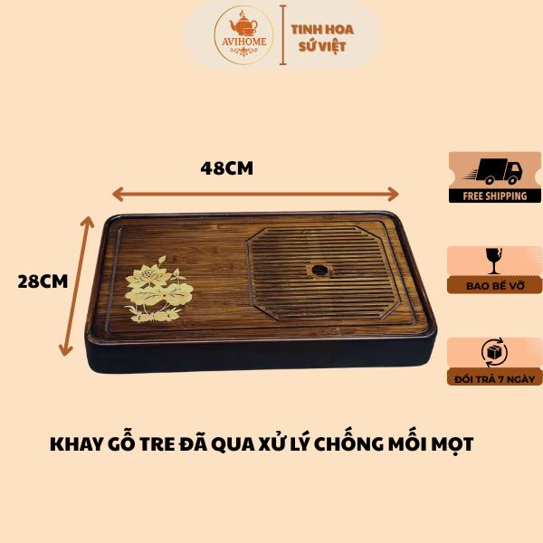 Khay Đựng Ấm Chén Bằng Gỗ Tre Khắc Hoa Sen - Khay Trà Gỗ Đẹp Cho Phòng Khách Bàn Trà