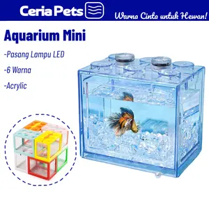 Aquarium Mini Ikan Cupang Stackable 6 Warna - Ukuran 10x8x12cm, Kompatibel dengan Lampu LED 3W