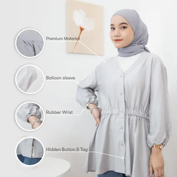 Atasan Wanita Busui Friendly / Kemeja Wanita Kekinian / Blouse Serut Pinggang / By EDek Westie Blouse Soft Grey / Atasan Wanita Polos Panjang Baju Casual Cewek Katun Vneck Muslim Shakila Basic