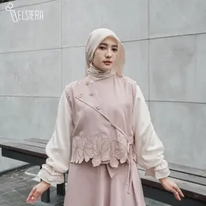 Elsiera Fella Vest Beads Bordir Bunga Outer Wanita Asimetris Pita Baju Lebaran Raya - Latte