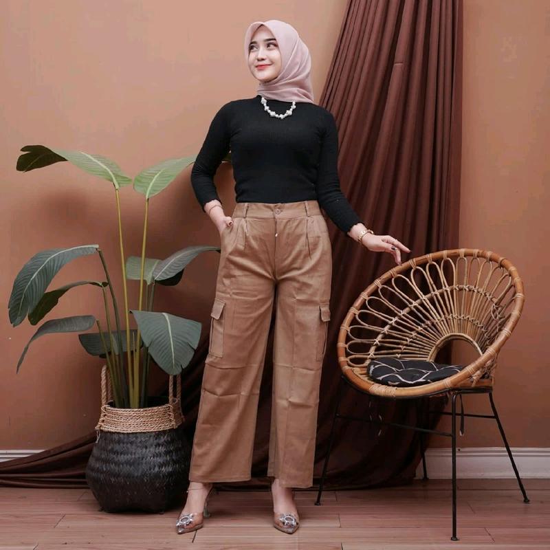 Zena Celana Kulot Cargo Wanita Highwaist Premium Berkancing Rasleting Bahan Twill Combad Premium Kekinian Korean Style pants unsex hitam【cargo】 celanakulot 1