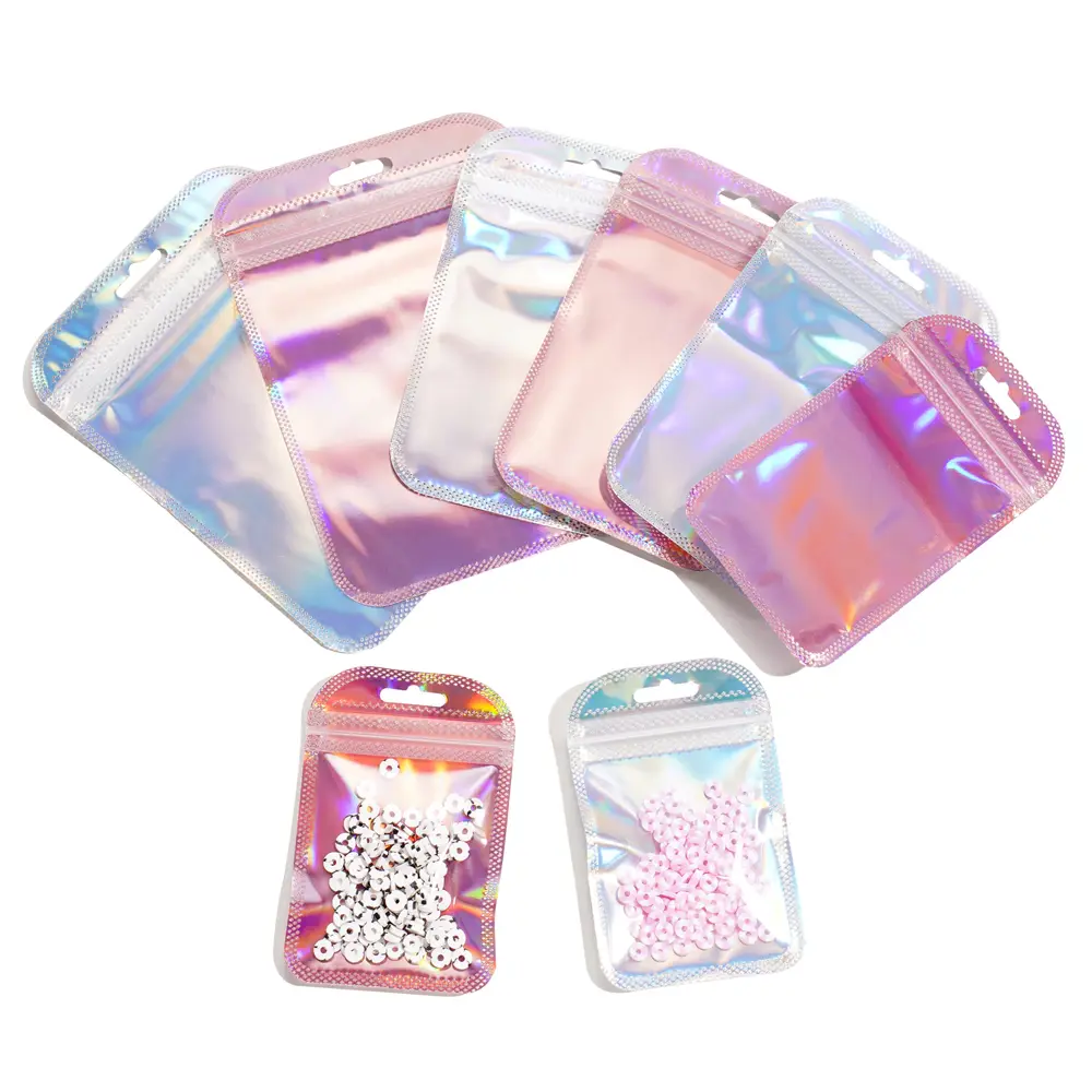 【10pcs】Kemasan Laser Warna Warni Ziplock Bag Cocok untuk Tas Perhiasan Anting Gelang Kalung Tas