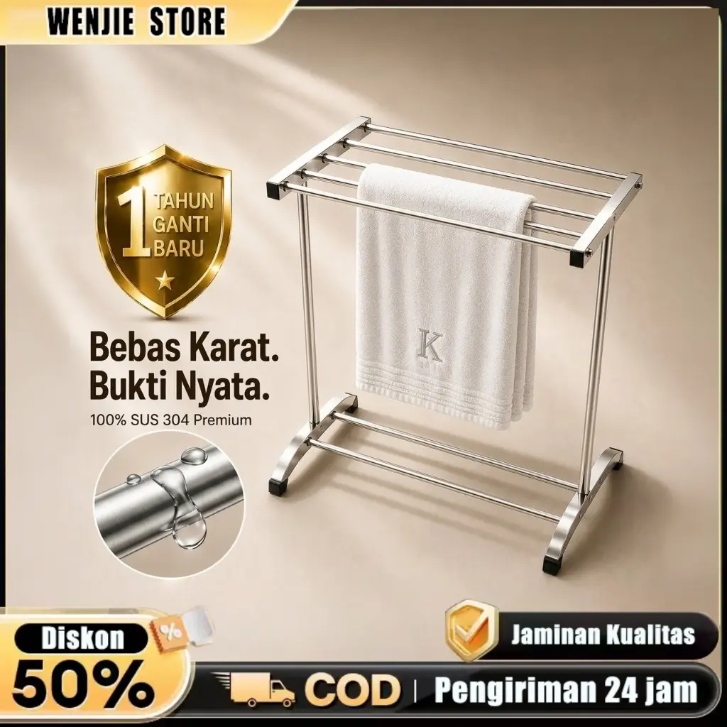 rak stainless jemuran handuk, rak jemuran lipat, rak handuk kamar mandi, rak portable beroda, hemat ruang apartemen, jemuran minimalis anti karat