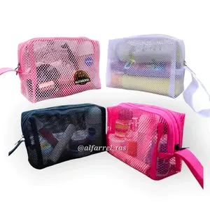 Tas Pouch Make Up Transparan Jaring Polos Tas Kosmetik Travel Bag Organizer New Size M Warna Pink Hitam putih real pict