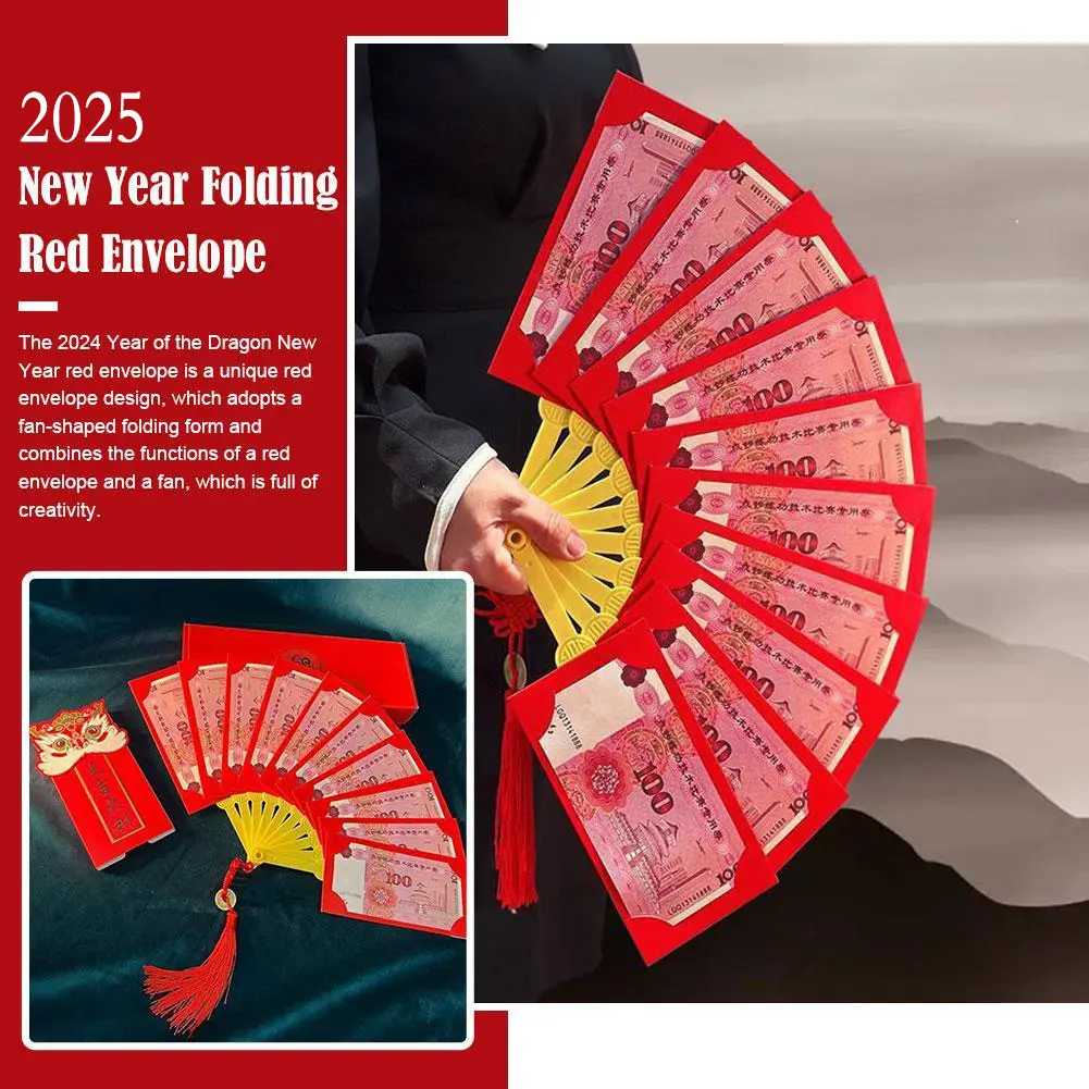 2025 Creative Red Envelope Fan Foldin Fan-shaped Red Spring Packet Featival 2025 Angpao Dragon