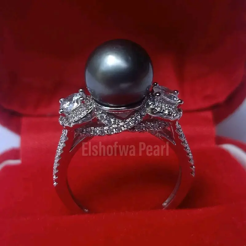 Cincin Mutiara Laut Hitam dengan Lingkar Jari 17 dan Bahan Rhodium 0