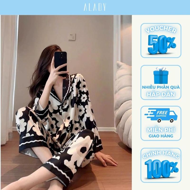 ALADY TD013 - Đồ bộ nữ Pijama Phong cách tiểu thư họa tiết hoa với chất liệu lụa Latin Quần Ngủ Áo Ngủ