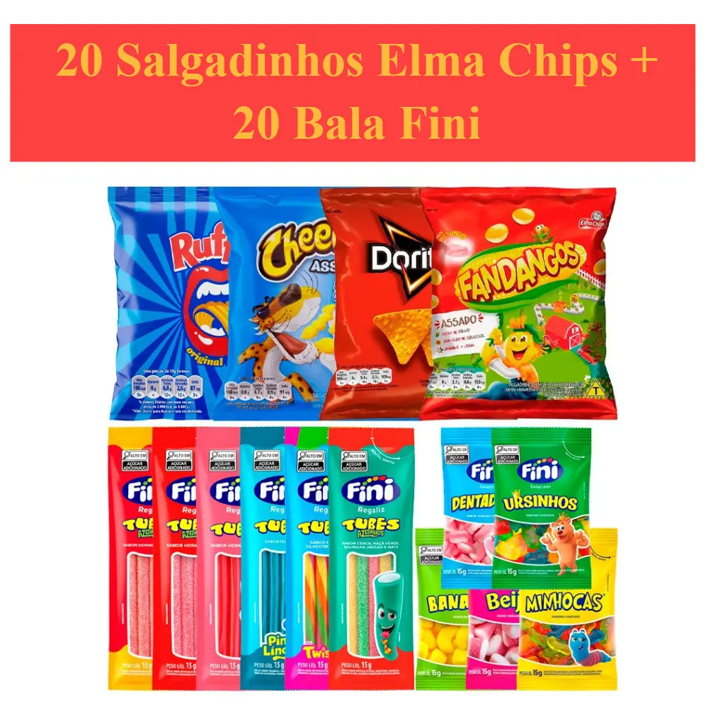 Super Kit 20 Salgadinhos Elma Chips + 20 Bala Fini para Crianças