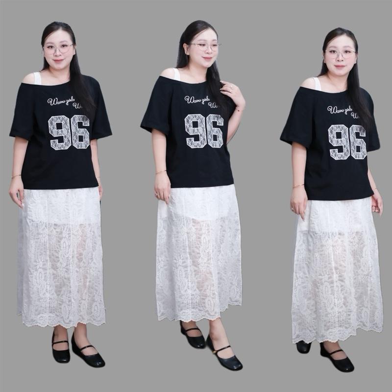 Set bộ trễ vai 96 chân váy ren dài trắng bigsize nữ (21391) Top