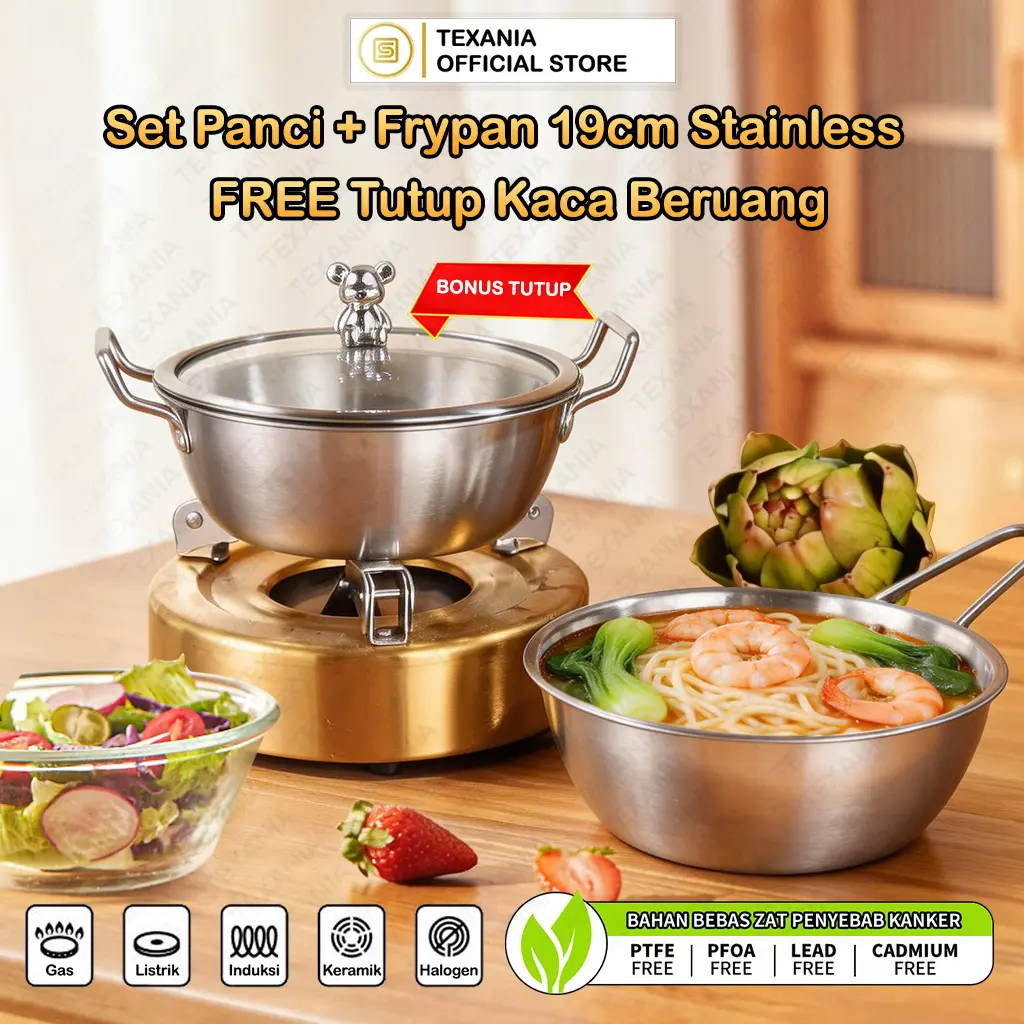 [PROMO BULAN INI] TEXANIA Set Panci + Frypan Stainless Anti Lengket 19cm Free Tutup Kaca Dengan Katup Beruang - Ktichenware
