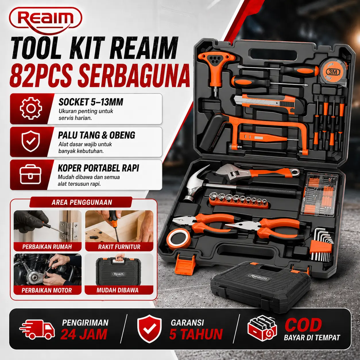 REAIM Kunci Set Lengkap 82PCS Hand Tool Set Tool Kit Set Kunci Sok Obeng Tang Kunci Pas Kunci Shock Set Mata Sok Perkakas Bengkel Kotak Alat Lengkap
