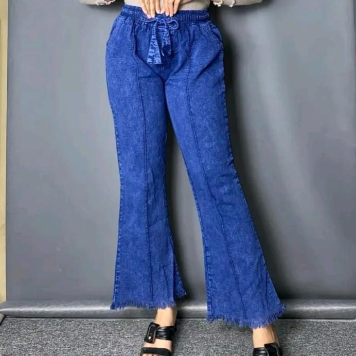 Celana Cutbray Wanita Jeans Model Highwaist Kekinian Bawahan Cewek Casual Pinggang Karet Panjang Nyaman Hitam Dewasa Denim 4